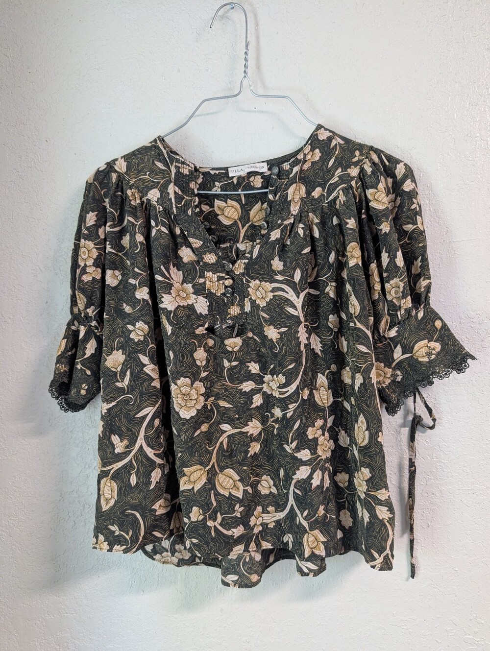 Ulla Johnson Karina Blouse Juniper M Ruffle Bow Lace Button FLAW Boho Cottage